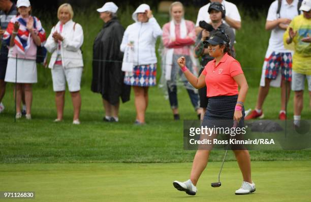 Lilia Vu of the United States team celebrates making a birdie on the 15th hole during the singles matches on day three of the 2018 Curtis Cup Match...