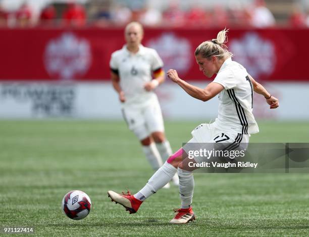 Verena Faibt of Germany has a shot on goal during the second half of an International Friendly match against Canada at Tim Hortons Field on June 10,...