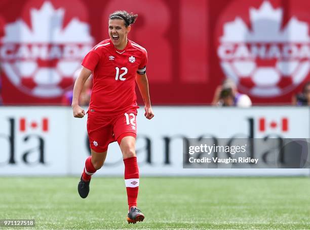 Christine Sinclair of Canada celebrates a goal during the second half of an International Friendly match against Germany at Tim Hortons Field on June...