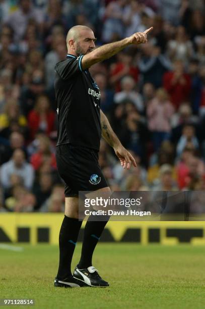 Eric Cantona gestures during Soccer Aid for Unicef 2018 at Old Trafford on June 10, 2018 in Manchester, England.