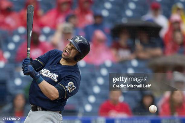 Manny Pina of the Milwaukee Brewers reacts after getting hit by a pitch in the top of the fifth inning against the Philadelphia Phillies at Citizens...