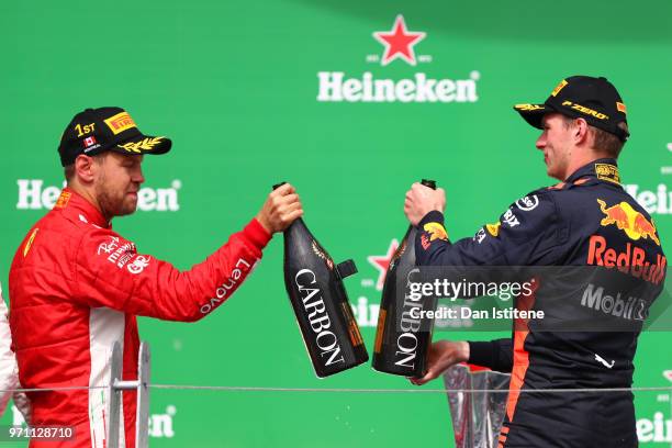 Race winner Sebastian Vettel of Germany and Ferrari and third place finisher Max Verstappen of Netherlands and Red Bull Racing celebrate on the...