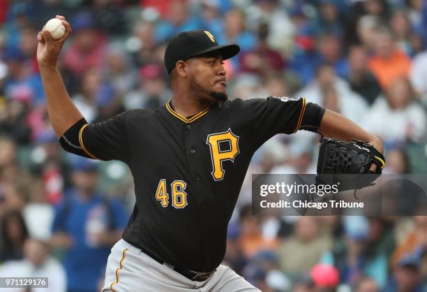 Pittsburgh Pirates starting pitcher Ivan Nova delivers to the Chicago Cubs in the first inning on Sunday, June 10, 2018 at Wrigley Field in Chicago,...