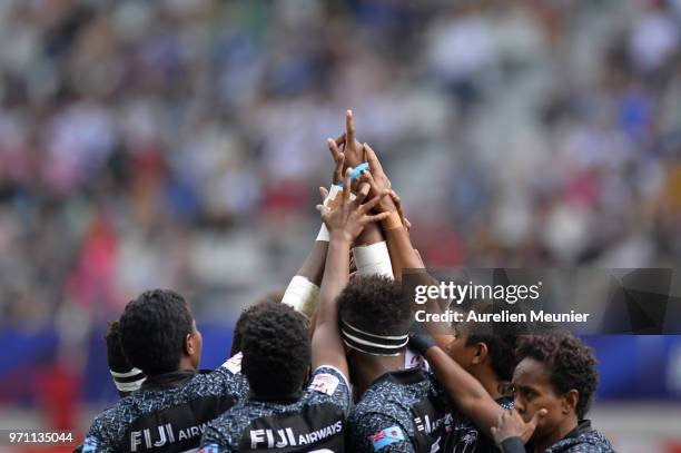 Team Fiji gather together before the match between The United States Of America and Fiji at the HSBC Paris Sevens, stage of the Rugby Sevens World...