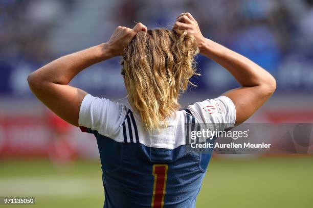 Marjorie Mayans of France reacts during the match between France and Canada at the HSBC Paris Sevens, stage of the Rugby Sevens World Series at Stade...