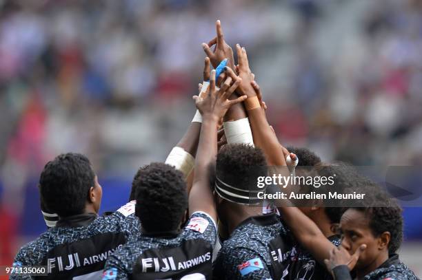 Team Fiji gather together before the match between The United States Of America and Fiji at the HSBC Paris Sevens, stage of the Rugby Sevens World...