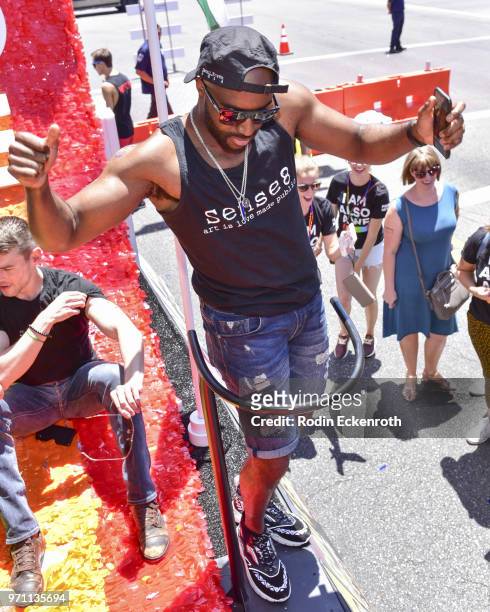 Actor Toby Onwumere poses for portrait on top of Sense8 float at LA Pride Music Festival and Parade 2018 on June 10, 2018 in West Hollywood,...