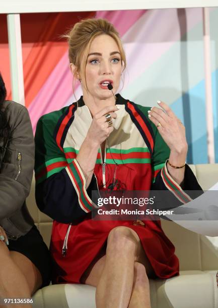 Caity Lotz speaks onstage during the "Screen Queens" panel day 2 of POPSUGAR Play/Ground on June 10, 2018 in New York City.