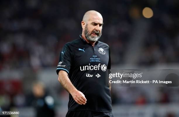 World XI's Eric Cantona after the final whistle during the UNICEF Soccer Aid match at Old Trafford, Manchester.