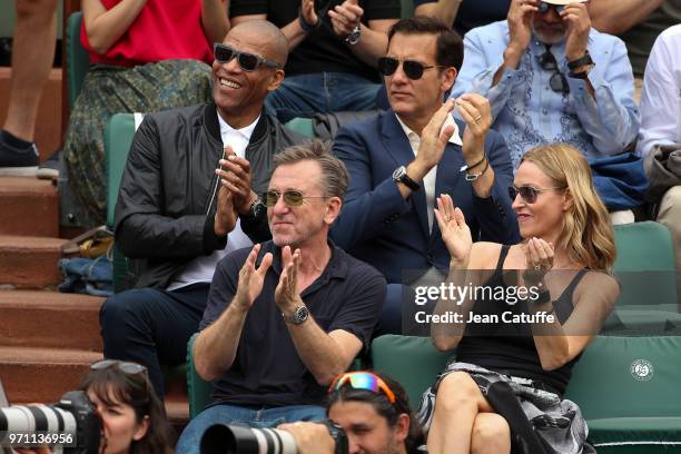 Clive Owen, below Tim Roth and his wife Nikki Butler during the men's final on Day 15 of the 2018 French Open at Roland Garros stadium on June 10,...