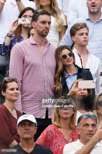 Pau Gasol and girlfriend Catherine McDonnell during the men's final on Day 15 of the 2018 French Open at Roland Garros stadium on June 10, 2018 in...
