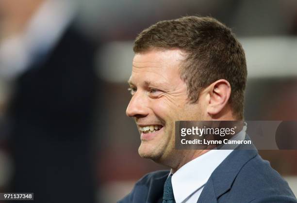 Host Dermot O'Leary looks on after the Soccer Aid for UNICEF 2018 match between Englannd and the Rest of the World at Old Trafford on June 10, 2018...