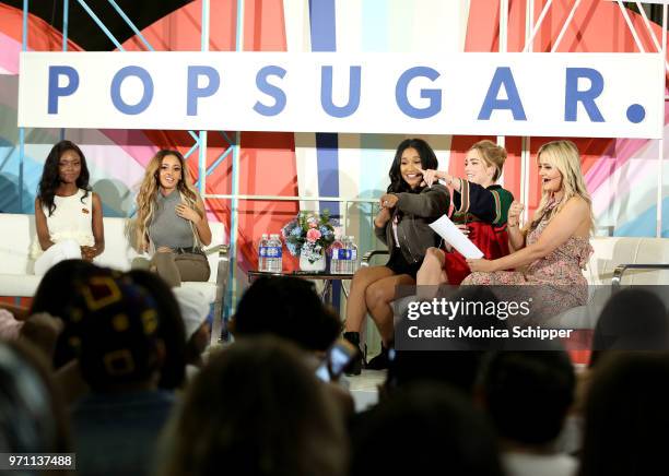 Ashley Murray, Vanessa Morgan, Candice Patton and Caity Lotz speak onstage during the "Screen Queens" panel day 2 of POPSUGAR Play/Ground on June 10,...