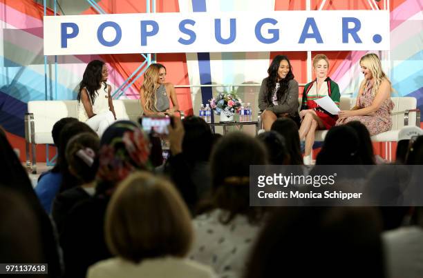 Ashley Murray, Vanessa Morgan, Candice Patton, Caity Lotz and Kirbie Johnson speak onstage during the "Screen Queens" panel day 2 of POPSUGAR...