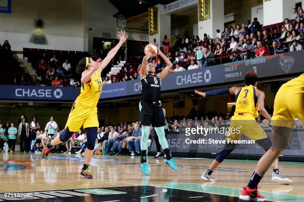 Marissa Coleman of the New York Liberty scores the game winning three point basket against the Indiana Fever on June 10, 2018 at Westchester County...