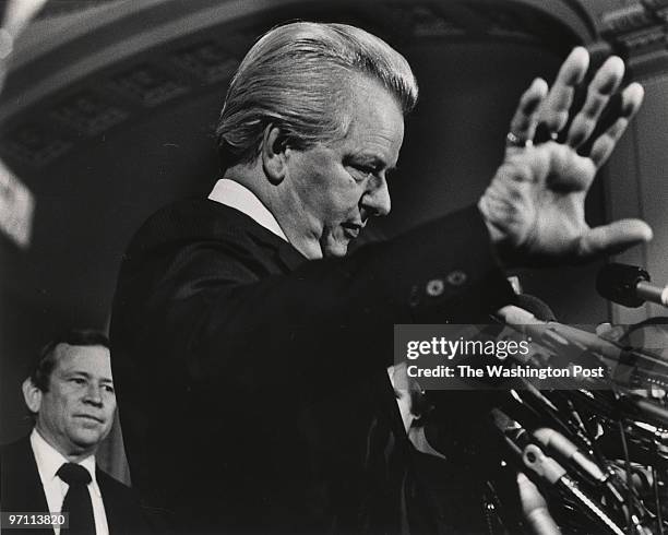 Sen. Baker and Senator Robert Byrd talk with press in the Senate hallway after the Presiential visit. CREDIT: James K. W. Atherton/TWP