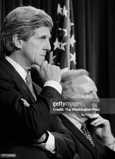 Senate reaction to passage in the Senate of a 10-year, 1.35 trillion-dollar tax cut . Pictured, Sen. John Kerry, , , left, and Senator Joe Lieberman...