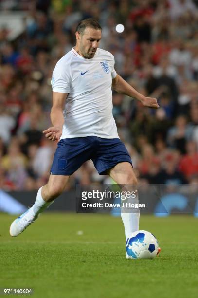 Paddy McGuinness takes a penalty during Soccer Aid for Unicef 2018 at Old Trafford on June 10, 2018 in Manchester, England.