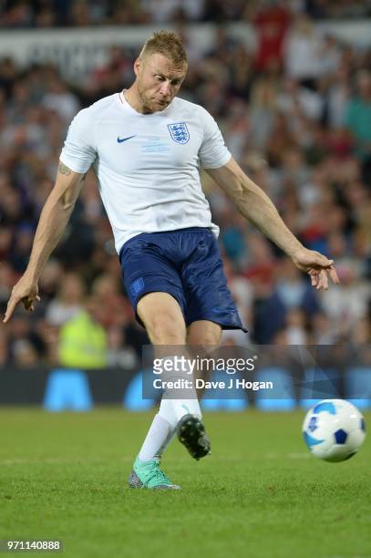 Andrew Flintoff takes a penalty during Soccer Aid for Unicef 2018 at Old Trafford on June 10, 2018 in Manchester, England.