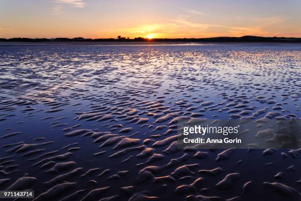 sunset over rippled patterns in wet sand off southeast coast of ireland - anna gorin stock-fotos und bilder