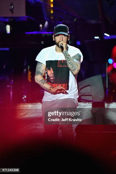 Eminem performs on What Stage during day 3 of the 2018 Bonnaroo Arts And Music Festival on June 9, 2018 in Manchester, Tennessee.