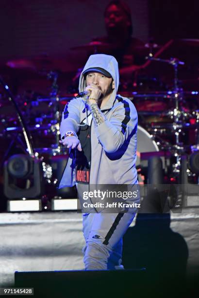 Eminem performs on What Stage during day 3 of the 2018 Bonnaroo Arts And Music Festival on June 9, 2018 in Manchester, Tennessee.