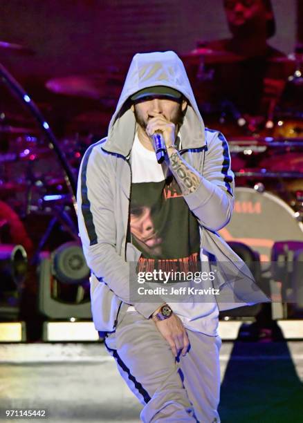 Eminem performs on What Stage during day 3 of the 2018 Bonnaroo Arts And Music Festival on June 9, 2018 in Manchester, Tennessee.