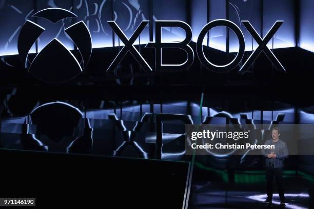 Phil Spencer, Executive President of Gaming at Microsoft, speaks during the Microsoft xBox E3 briefing at the Microsoft Theater on June 10, 2018 in...