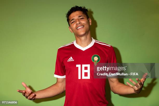 Amine Harit of Morocco poses for a portrait during the official FIFA World Cup 2018 portrait session at on June 10, 2018 in Voronezh, Russia.