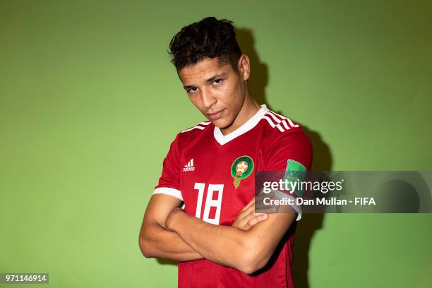 Amine Harit of Morocco poses for a portrait during the official FIFA World Cup 2018 portrait session at on June 10, 2018 in Voronezh, Russia.