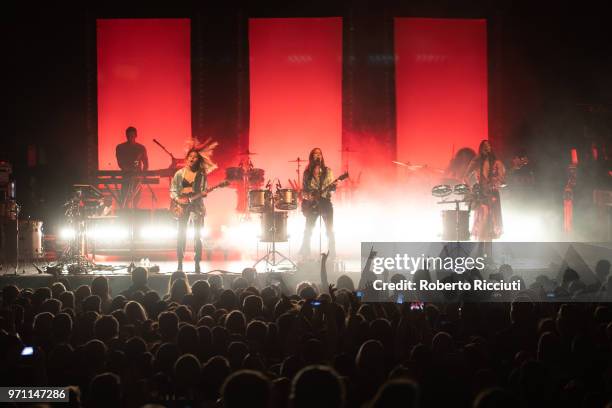 Alana Haim, Danielle Haim and Este Haim of Haim perform live on stage at O2 Academy Glasgow on June 10, 2018 in Glasgow, Scotland.