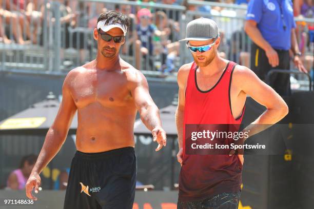 Ricardo Santos and Chaim Schalk during play on the Stadium Court of the AVP New York Coty Open on June 9 at Hudson River Park's Pier 25/26, New York,...