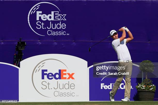 Andrew Putnam plays his shot from the 17th tee during the final round of the FedEx St. Jude Classic at TPC Southwind on June 10, 2018 in Memphis,...