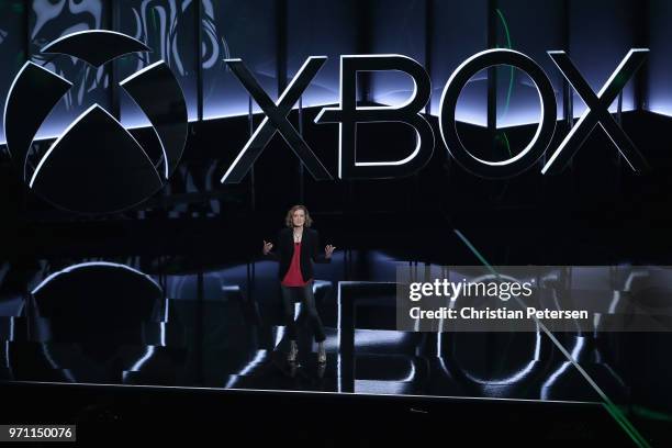 Ashley Speicher, Xbox Game Pass exec, speaks during the Microsoft xBox E3 briefing at the Microsoft Theater on June 10, 2018 in Los Angeles,...