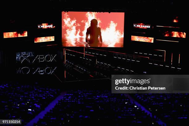 Shadow of the Tomb Raider' by Eidos Studios - Montreal is revealed during the Microsoft xBox E3 briefing at the Microsoft Theater on June 10, 2018 in...