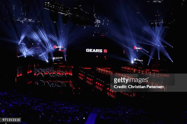Rod Fergusson introduceds 'Gears 5' by Coalition Studios during the Microsoft xBox E3 briefing at the Microsoft Theater on June 10, 2018 in Los...