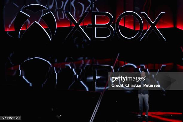 Rod Fergusson introduceds 'Gears 5' by Coalition Studios during the Microsoft xBox E3 briefing at the Microsoft Theater on June 10, 2018 in Los...