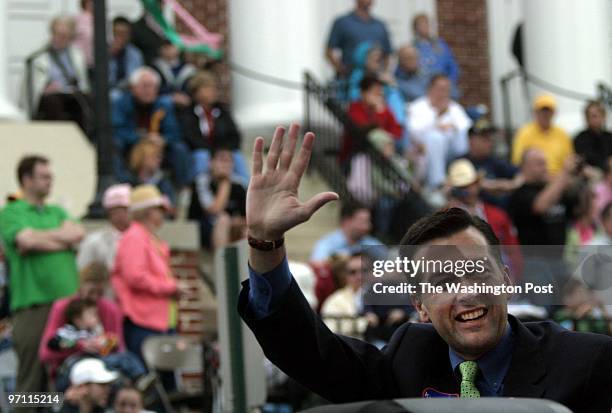 Jahi chikwendiu Jerry W. Kilgore waves to the crowd during the annual Shenandoah Apple Blossom Festival parade in Winchester, VA. Kilgore is running...