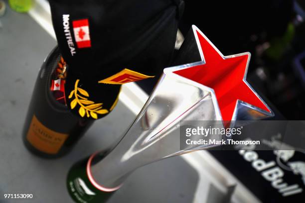 The third place trophy of Max Verstappen of Netherlands and Red Bull Racing is seen in the Red Bull Racing garage after the Canadian Formula One...