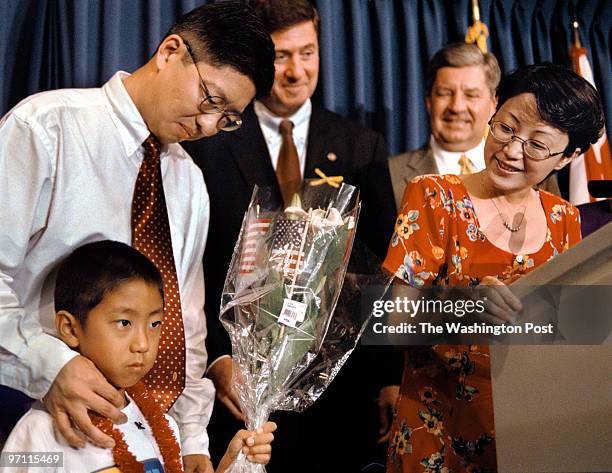 American University scholar and Virginina resident Gao Zhan arrives at Dulles airport with her husband, Donghua Xue and their 6-year-old son Andrew,...