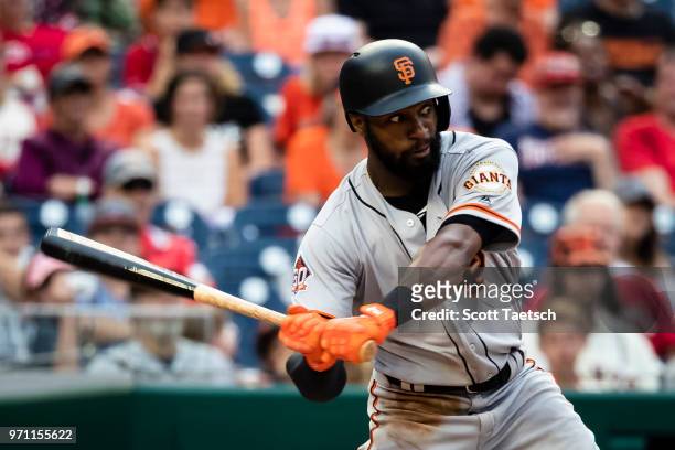 Austin Jackson of the San Francisco Giants at bat against the Washington Nationals during the ninth inning at Nationals Park on June 10, 2018 in...