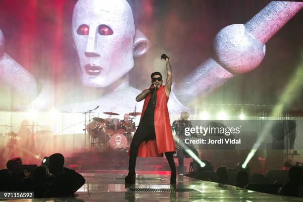 Roger Taylor, Adam Lambert and Brian May of Queen perform on stage at Palau Sant Jordi on June 10, 2018 in Barcelona, Spain.