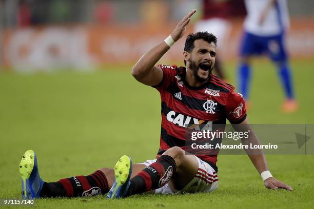 Henrique Dourado of Flamengo reacts during the match between Flamengo and Parana Clube as part of Brasileirao Series A 2018 at Maracana Stadium on...