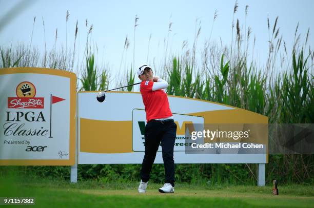 Sakura Yokomine of Japan hits her drive on the third hole during the third and final round of the ShopRite LPGA Classic Presented by Acer on the Bay...