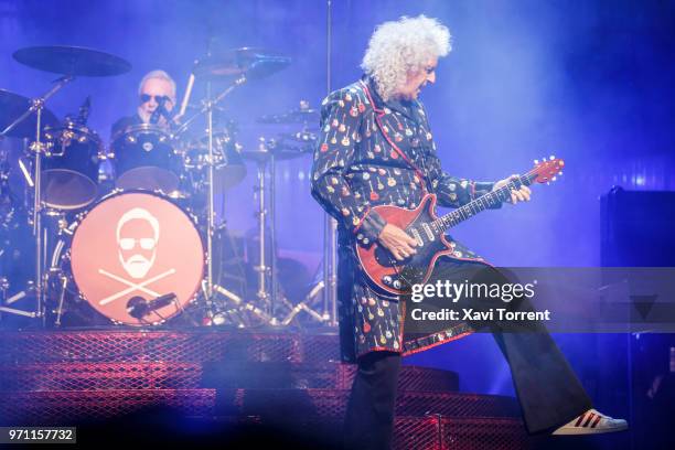 Roger Taylor and Brian May of Queen perform in concert at Palau Sant Jordi on June 10, 2018 in Barcelona, Spain.