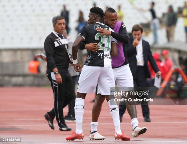 Farense forward Fabio Gomes from Portugal celebrates with teammate SC Farense defender Delmiro from Cape Verde after scoring a goal during the...