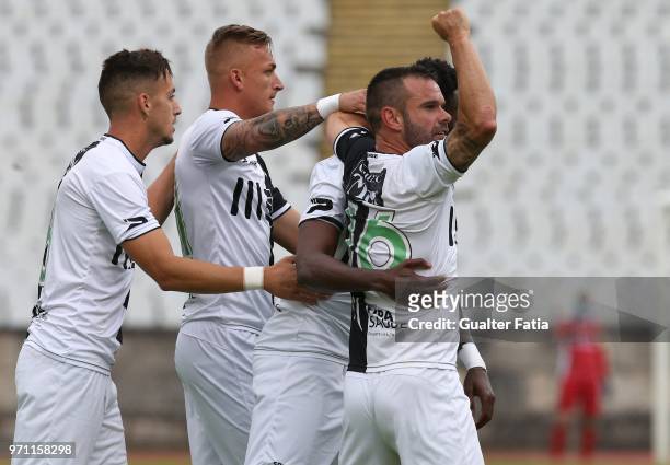 Farense forward Fabio Gomes from Portugal celebrates with teammates after scoring a goal during the Campeonato de Portugal Final match between CD...