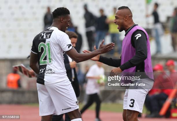 Farense forward Fabio Gomes from Portugal celebrates with teammate SC Farense defender Delmiro from Cape Verde after scoring a goal during the...