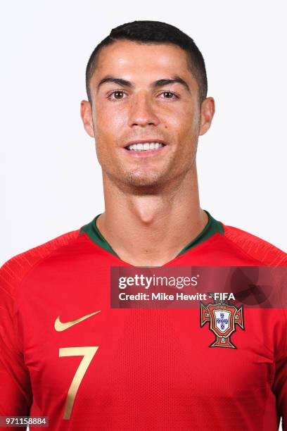 Cristiano Ronaldo of Portugal poses for a portrait during the official FIFA World Cup 2018 portrait session on June 10, 2018 in Moscow, Russia.