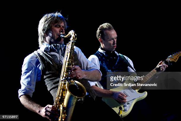 Steve Norman and Gary Kemp of Spandau Ballet performs at the Belgrade Arena on February 26, 2010 in Belgrade, Serbia.